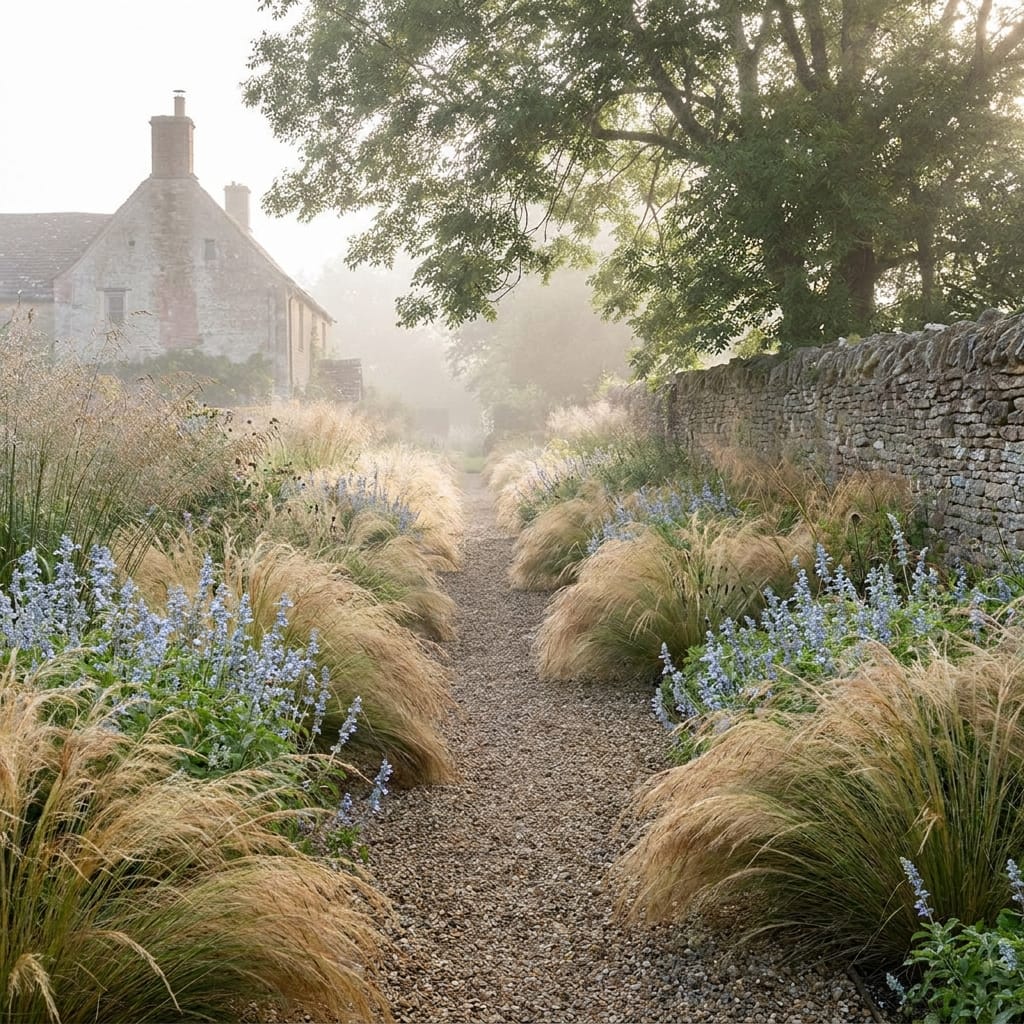 Allée de gravier bordée de graminées stipa et de sauges en fleur, brume matinale, perspective profonde vers une maison de pierre