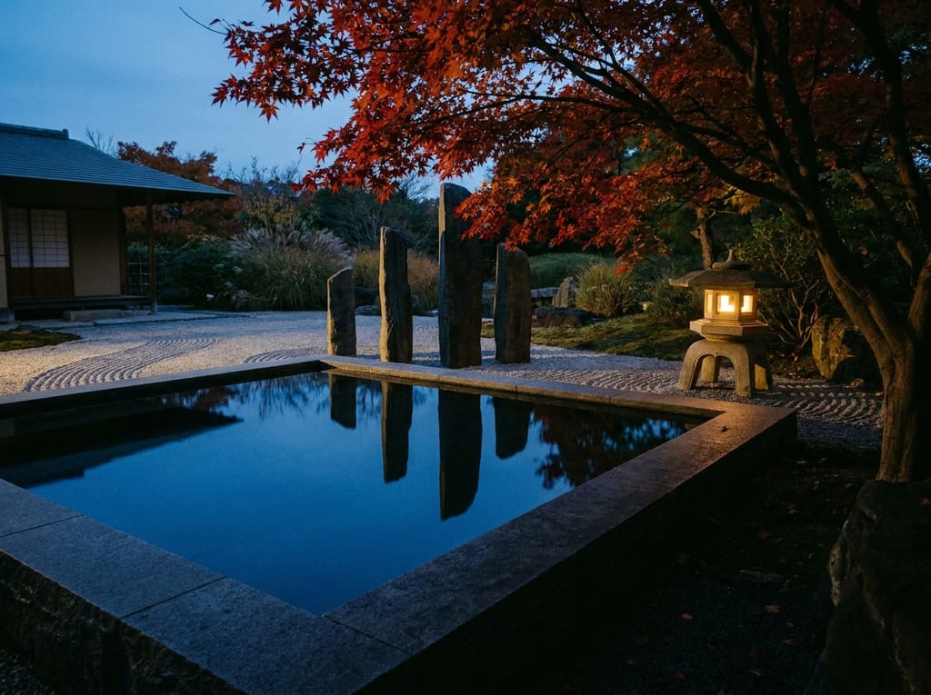 Bassin minéral d'un jardin japonais au crépuscule, pierres dressées, érables rouges, eau sombre comme un miroir