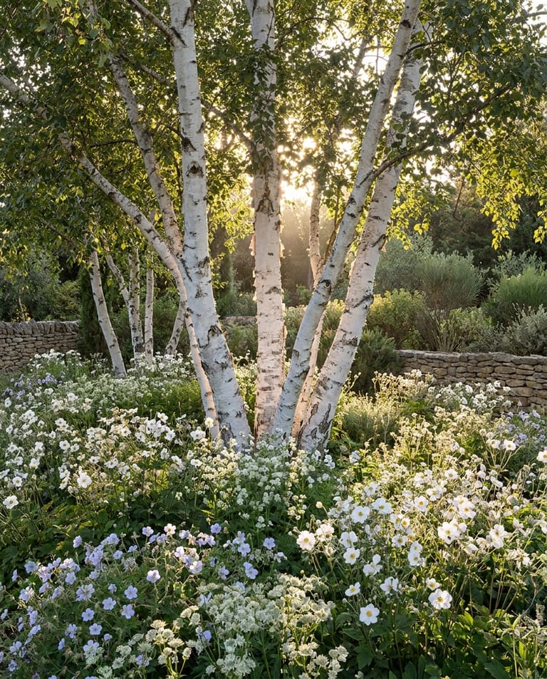 Clos des Bouleaux dans le Lubéron, bouquet de bouleaux à écorce blanche au-dessus d'un tapis de vivaces blanches et bleues, lumière tamisée