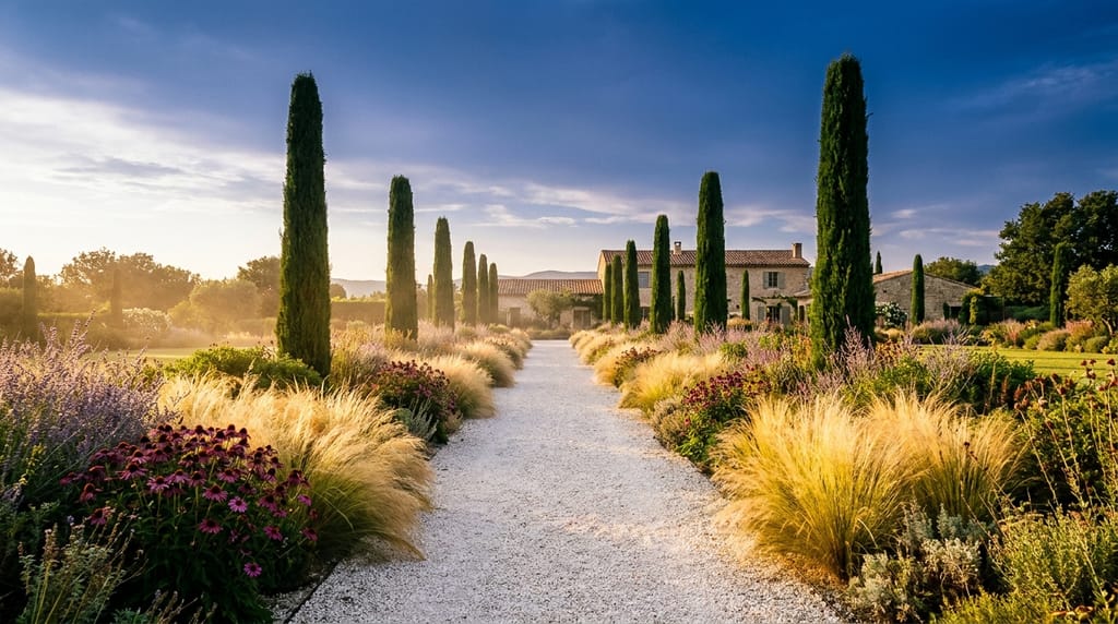 Domaine des Cyprès en Provence, allée de gravier blanc bordée de cyprès noirs effilés, vivaces graphiques de stipa et échinacée, lumière dorée de fin d'après-midi