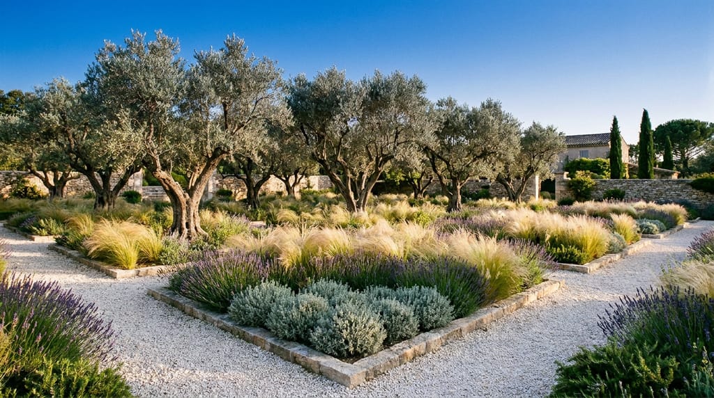 Jardin Aurora à Eygalières, oliveraie centenaire, vivaces graphiques en parterres bas, allée de gravier blanc, lumière du sud