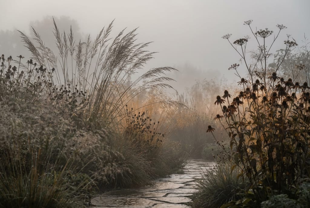 Jardin graphique sous brume matinale, graminées hautes en silhouette, allée de pierre, lumière diffuse et sol humide