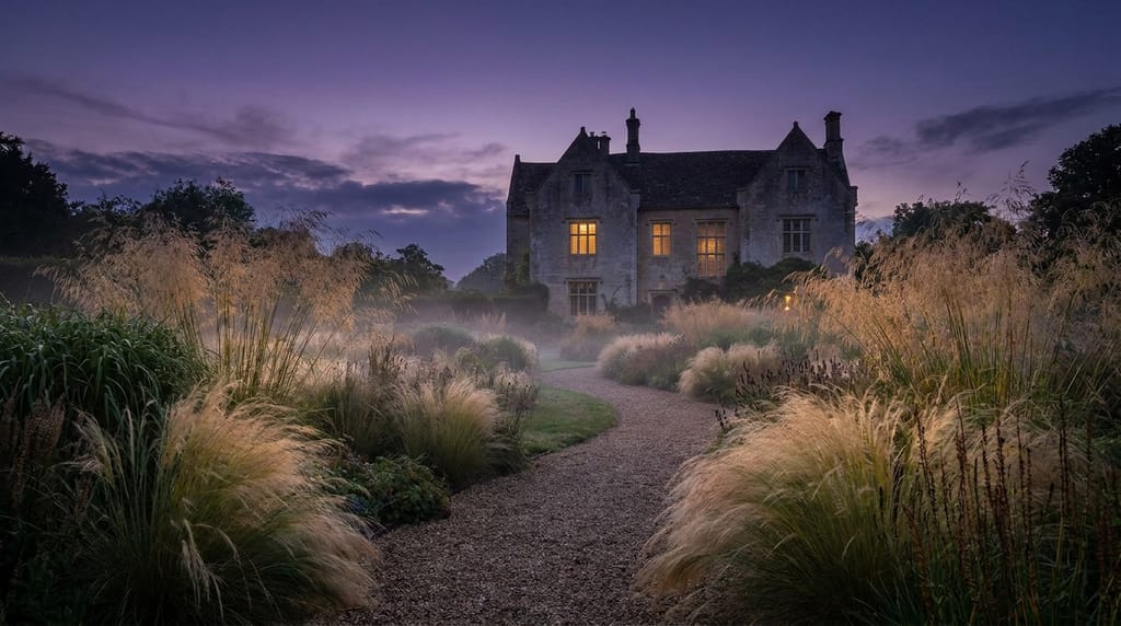 Jardin au crépuscule, allée de gravier bordée de graminées hautes, lumière chaude derrière une maison de pierre, ciel pourpre