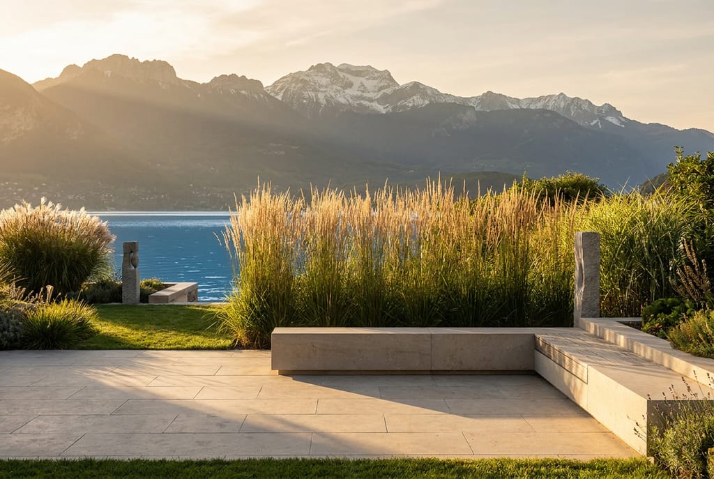 Jardin Lacustre au bord du lac d'Annecy, terrasse en pierre claire ouverte sur l'eau, graminées hautes filtrant la vue, Alpes en arrière-plan