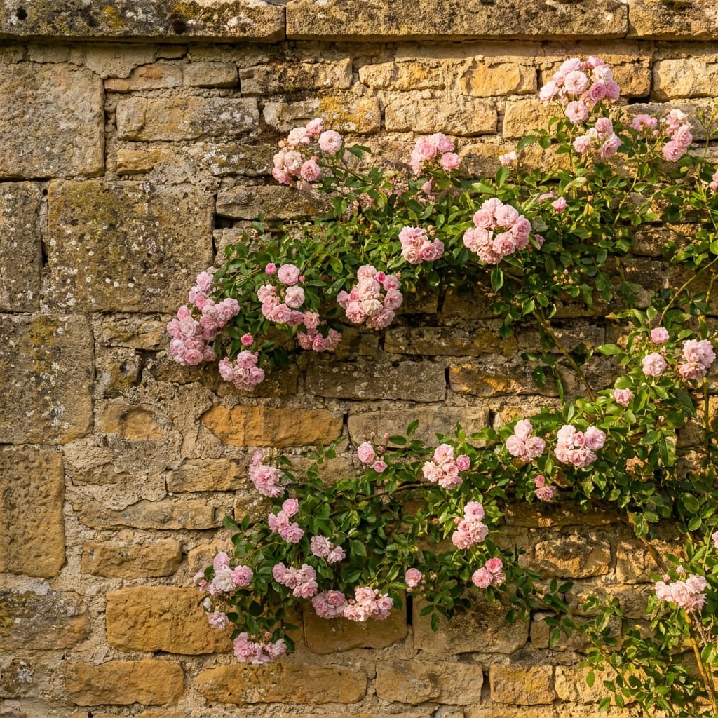 Détail de mur de pierre sèche au soleil rasant, rosier ancien grimpant en fleur, lumière de fin de journée