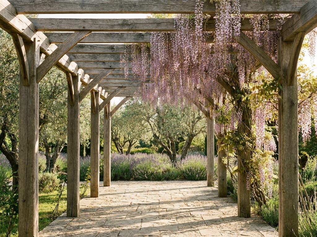 Pergola en bois patiné couverte d'une glycine en fleur dans un jardin de Provence, vue sur oliviers et lavande