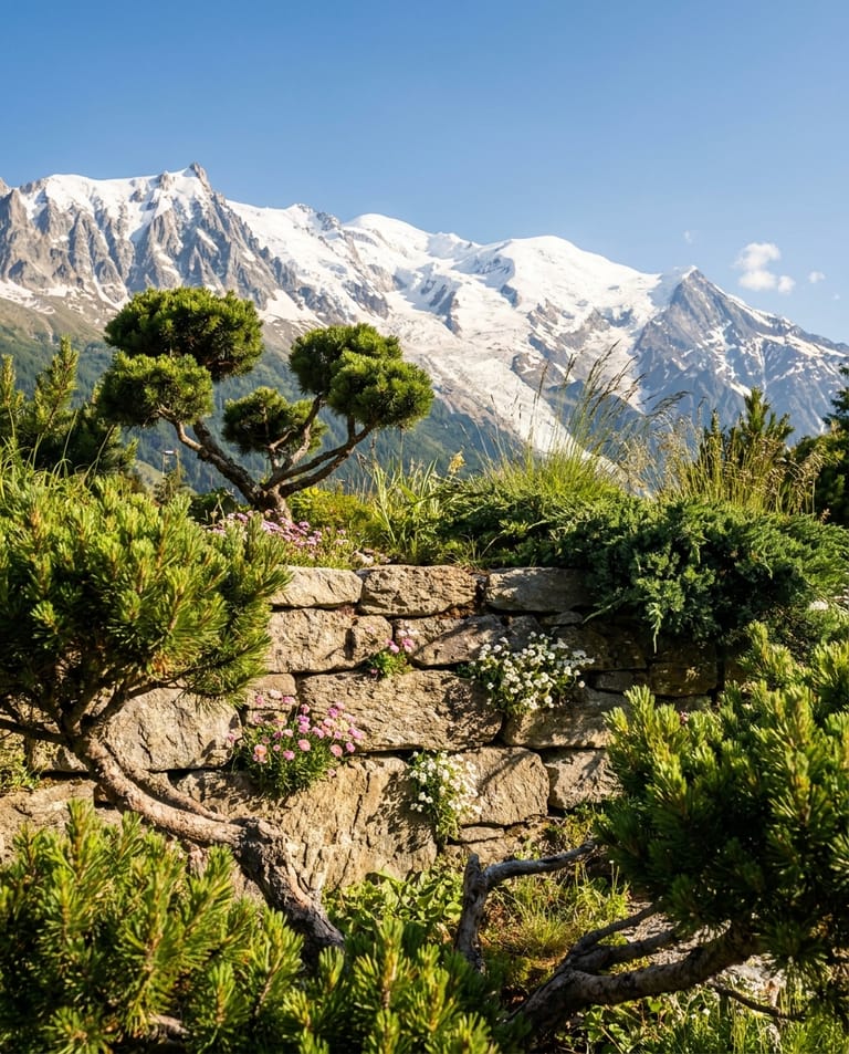 Refuge d'Altitude à Chamonix, conifères taillés en formes naturelles, mur de pierre brute, vue panoramique sur le massif du Mont-Blanc