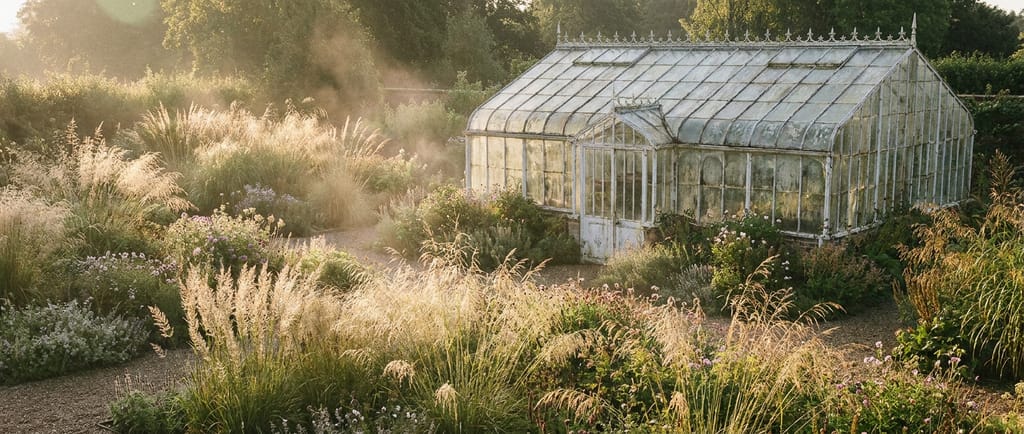 Serre ancienne en verre et fer forgé au cœur d'un jardin de vivaces, lumière douce de matinée traversant les graminées hautes