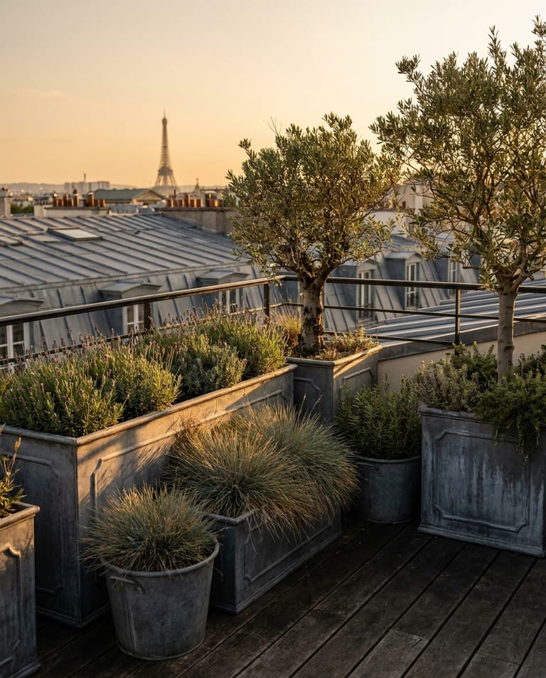 Toit-jardin parisien rue du Marais au coucher de soleil, pots de zinc, vivaces basses, vue sur toits haussmanniens et Tour Eiffel à l'horizon